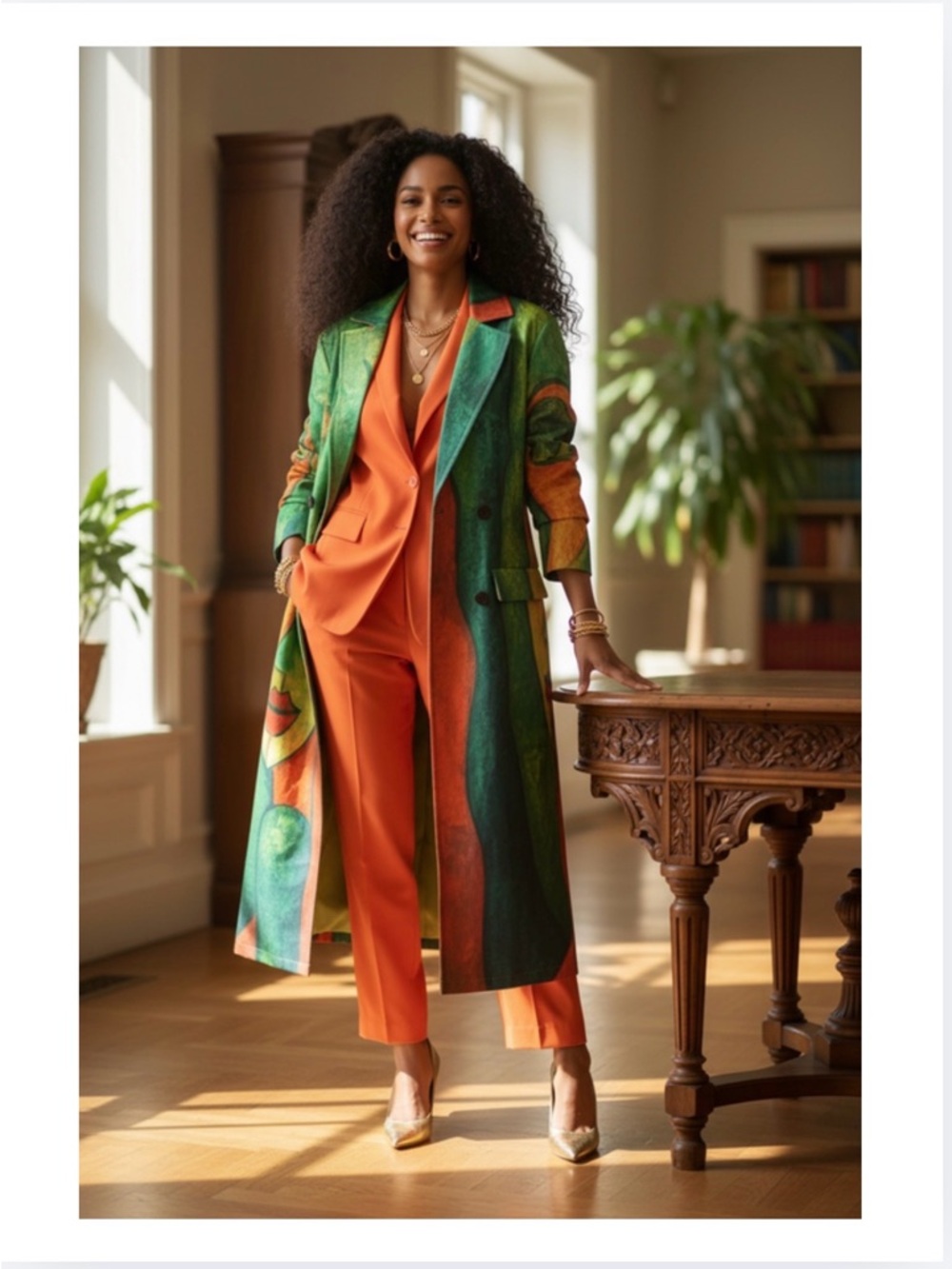COAT: Lightweight, Oversized Green, Orange, & Yellow Artistic Design, NWOT - Picture 11 of 11